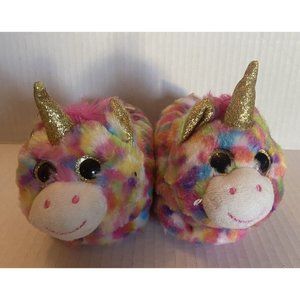 Fluffy fuzzy unicorn pink gold rainbow girls slippers size small (5-6)